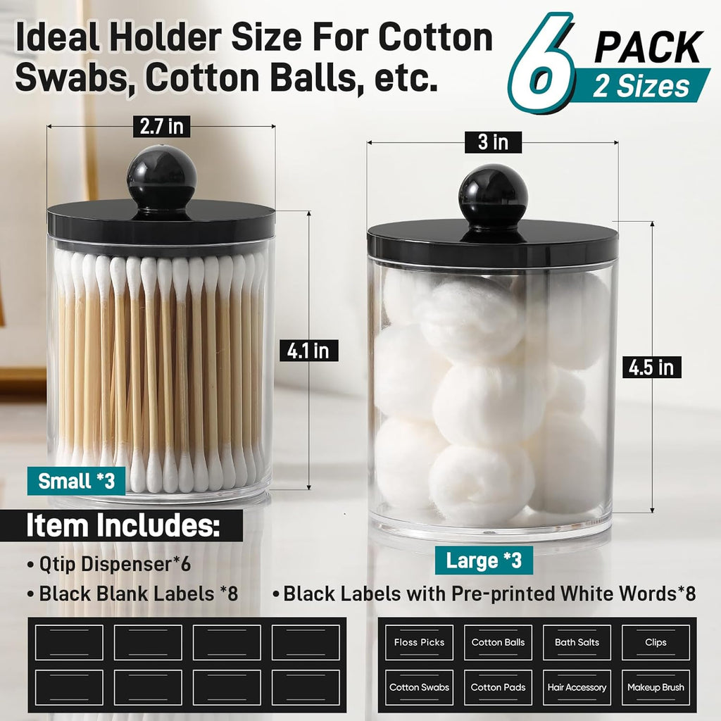 Skiennix Acrylic Qtip Holder Dispenser - 6 Pack Clear & Black Bathroom Storage Organizer