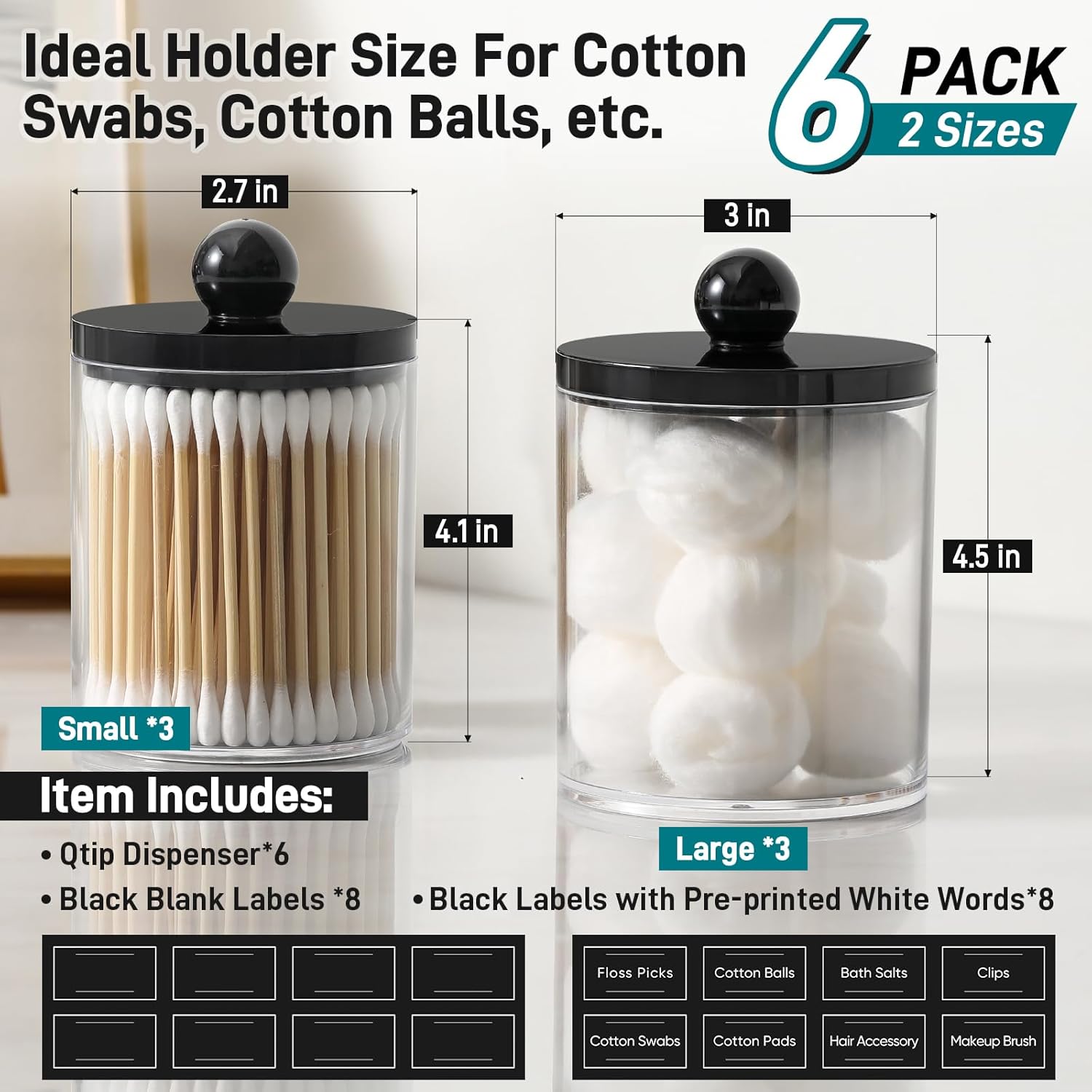 Skiennix Acrylic Qtip Holder Dispenser - 6 Pack Clear & Black Bathroom Storage Organizer