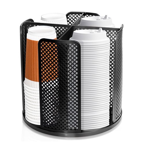 ceiiseaon Rotatable Cup and Lid Holder, Coffee Cup Dispenser for Countertop with 4 Compartments, Paper Cup Storage Holder, for Countertop Bathroom Kitchen Bedroom Coffee Shop