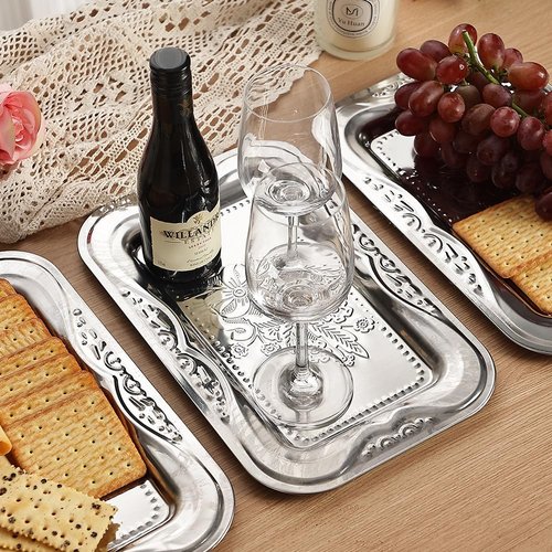 4-Pack Silver Serving Trays Set - ZENOVLUX Lightweight Bow Floral Engraved Mirror Decorative Tray, 13.8" x 8.7" Party Platters for Valentine's Day, Food, Appetizer, Charcuterie, Cookies, Desserts