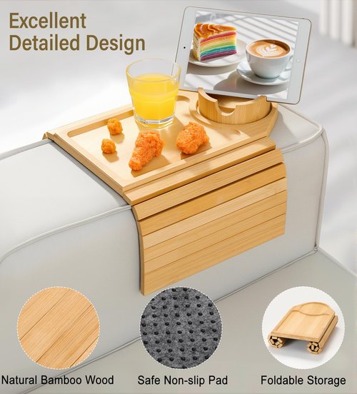 Kssiaz Couch Arm Tray, Bamboo Sofa Table for Couch, Sofa Arm Tray with Cup Holder, Non-Slip Armrest Organizer for Drink, Cup, Snack, Control, Easy to Clean, Natural