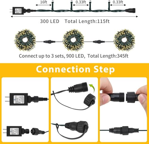QUWIN Waterproof LED Outdoor Christmas String Lights, 115Ft 300 LED UL Certified 8 Modes with End-to-End Plug, Indoor & Outside Fairy Light for Christmas Tree, Patio, Wedding, Party (Warm White)