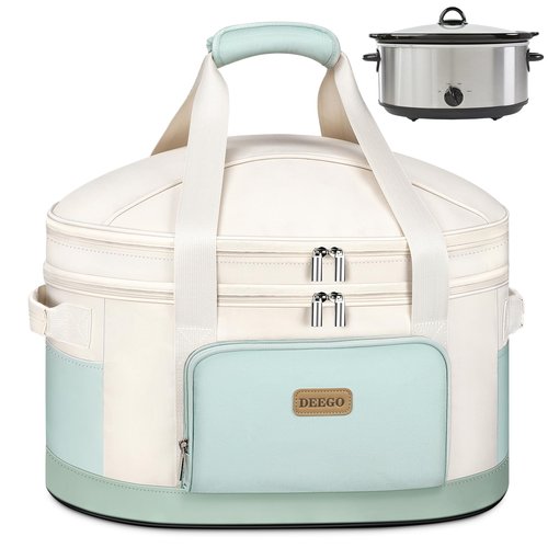 DEEGO Carrying Bag for Crock-Pot 6-8 Quart, 2-Layer Insulated Portable Slow Cooker Travel Bag with Support Pad, Lid Fasten Straps & Easy-Clean Liner, Ideal for Transport, Family Gatherings Potlucks