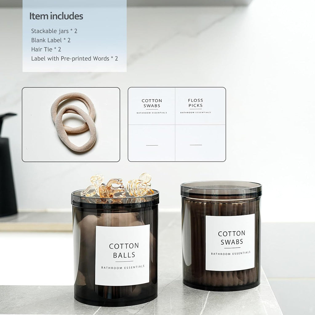 SheeChung Qtip Holder - 12 oz Apothecary Jar Set | Stylish Bathroom Organizer for Cotton Swabs & Pads - Translucent Black