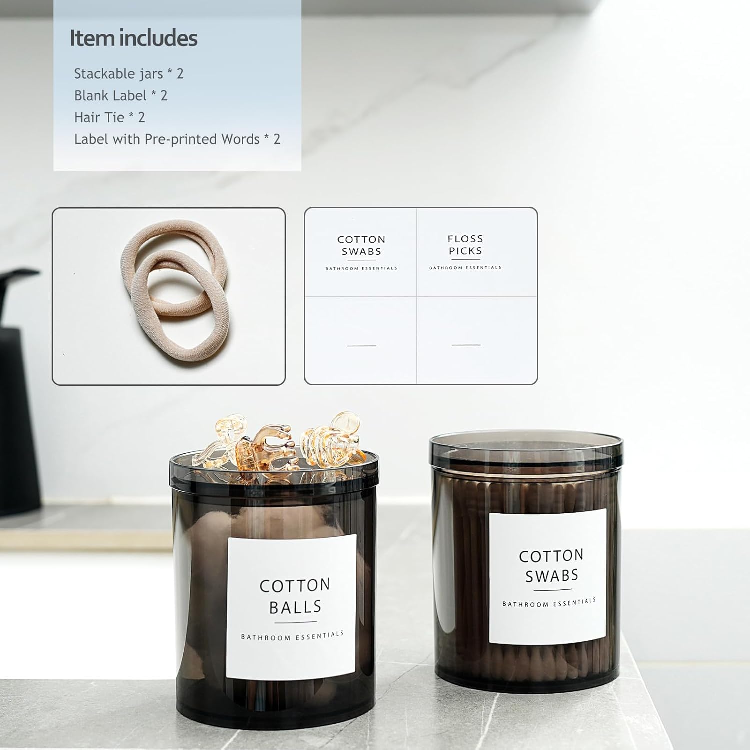 SheeChung Qtip Holder - 12 oz Apothecary Jar Set | Stylish Bathroom Organizer for Cotton Swabs & Pads - Translucent Black