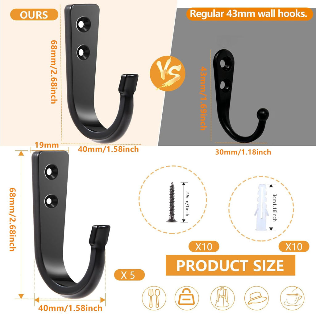 WODEGIFT Heavy Duty Wall Hooks - 5 Large Size Coat Hooks for Pans, Backpacks & Garage Items | Black