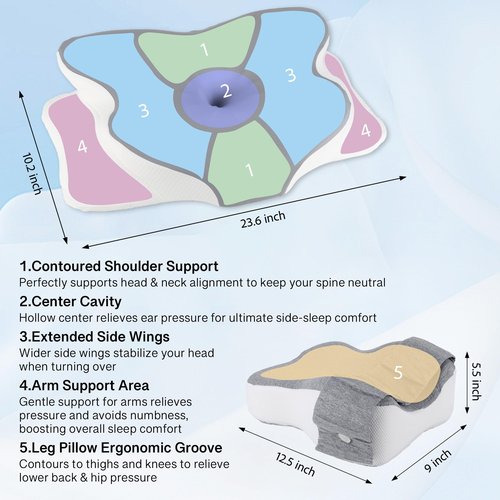 Trilvorn 2-in-1 Side Sleeper Pillow for Adults Set–Ergonomic Contour Cervical Neck Pillow Memory Foam +Leg/Knee Pillow for Side Sleepers,Sciatica&Neck Pain Relief,Cooling Ice-Silk Removable Covers