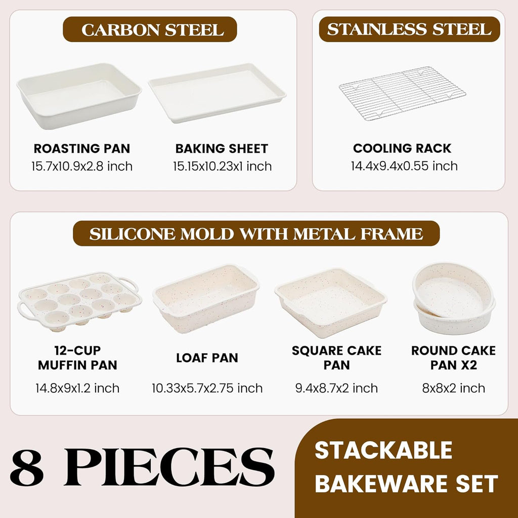 Skiennix 8-Piece Silicone Baking Pans Set - Nonstick Stackable Carbon Steel with Metal Reinforced Frame (Cream)