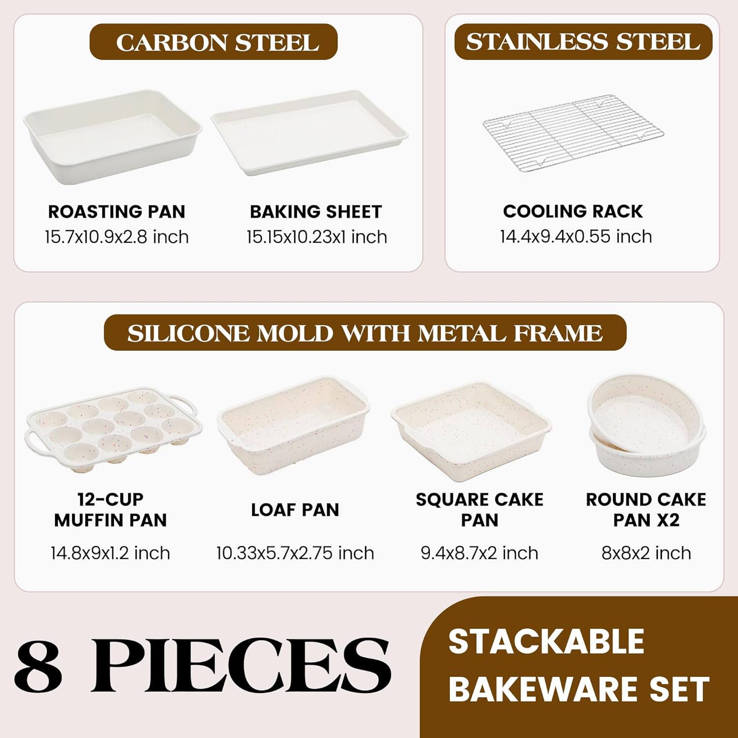 Skiennix 8-Piece Silicone Baking Pans Set - Nonstick Stackable Carbon Steel with Metal Reinforced Frame (Cream)