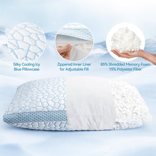 QUTOOL Double Sided Cooling Pillow for Hot Sleepers, Shredded Memory Foam Pillows Standard Size Set of 2, Adjustable Soft & Firm Gel Bed Pillow for Side, Back, Stomach Sleepers