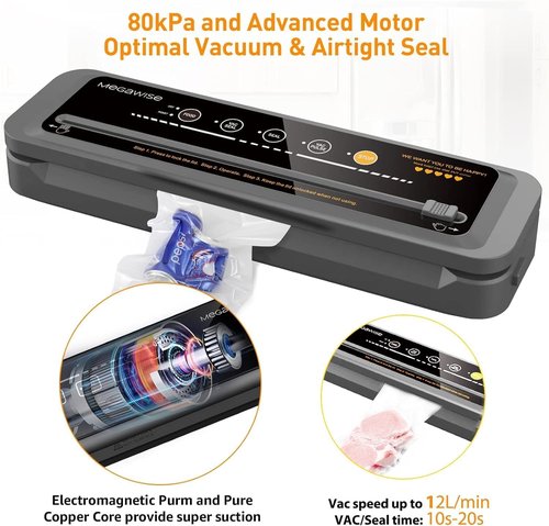 MegaWise Vacuum Sealer Machine - 80kPa Suction Power | Compact One-Touch Automatic Food Sealer with Bags & Cutter Included | Dry & Moist Modes for Versatile Food Preservation