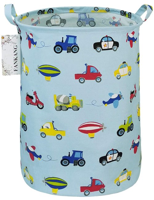FANKANG Storage Basket, Nursery Hamper Canvas Laundry Basket Foldable with Waterproof PE Coating Large Storage Baskets for Kids Boys and Girls, Office, Bedroom, Clothes,Toys（Car）