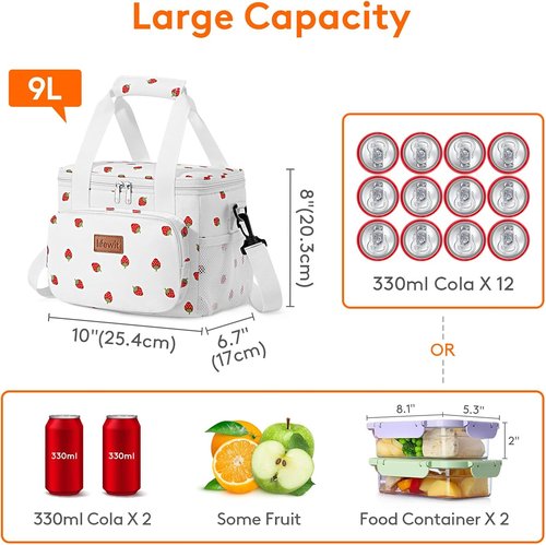 Lifewit Insulated Lunch Bag - Soft Cooler Tote for Adults | Strawberry, 12-Can Capacity (9L)