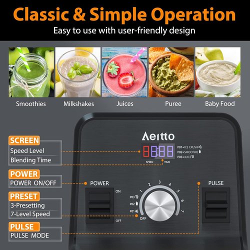 Aeitto Professional Countertop Blender - 1500-Watt Smoothie Maker with 68 Oz Capacity | Ice Crush & Frozen Drinks, Black