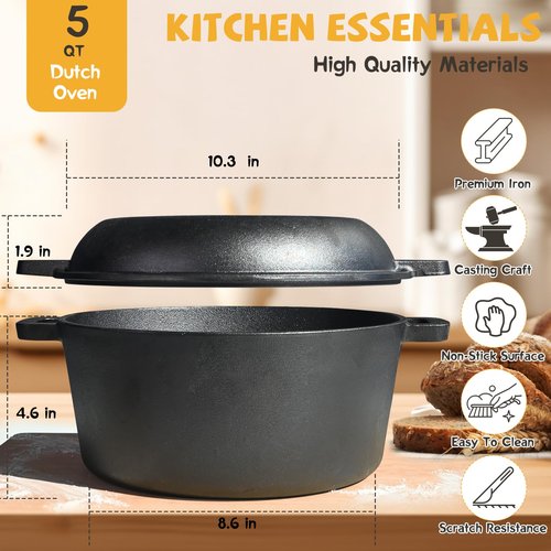 Advanced Cast Iron Dutch Oven for Baking, With Banneton Bread Proofing Basket & Baking Supplies, 5QT Multi-Functional Dutch Oven Pot with Lid, Cast Iron Bread Pan, Black