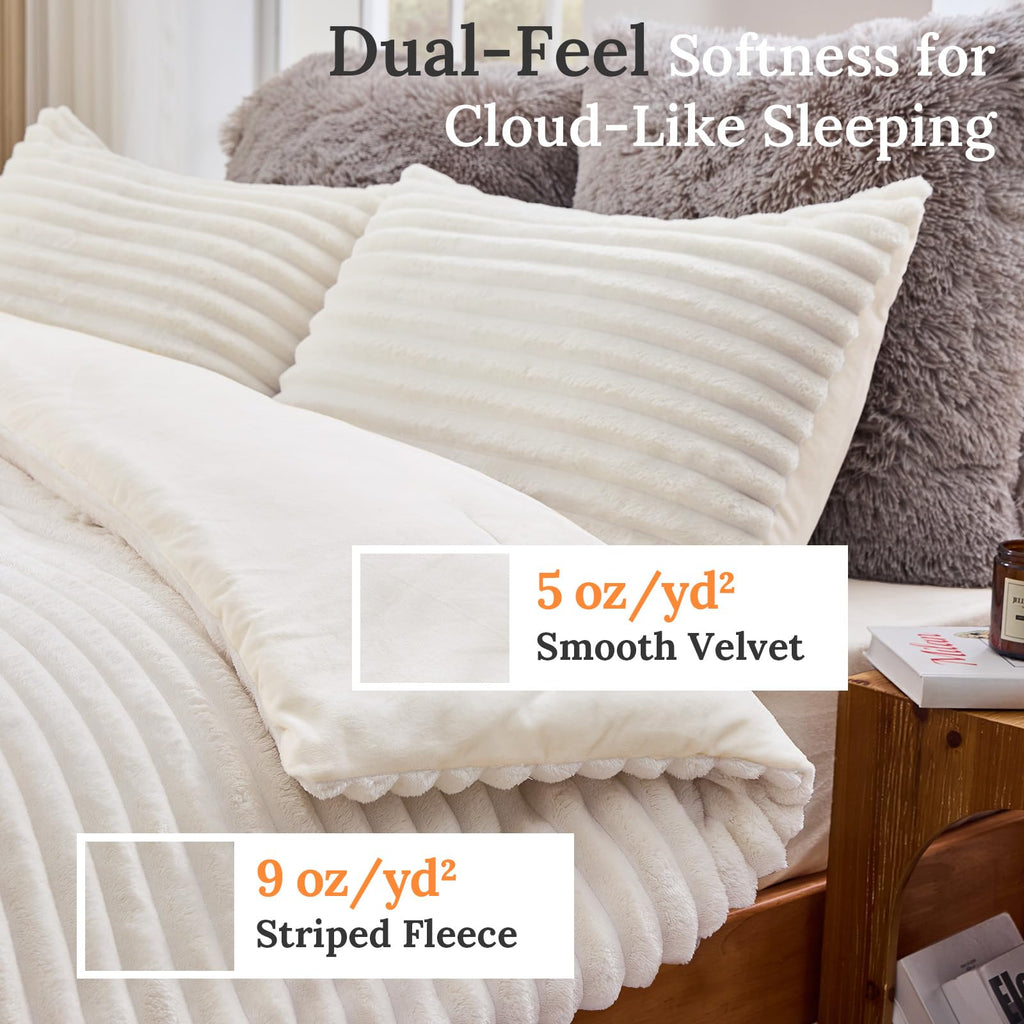 Sasttie Queen Comforter Set 3 Pieces - Super Soft Fleece Comforters Queen Size, 1 Luxury Warm Fuzzy Marshmallow Comforter with 2 Pillow Cases, Faux Fur Down Alternative Bedding Set, Cream White
