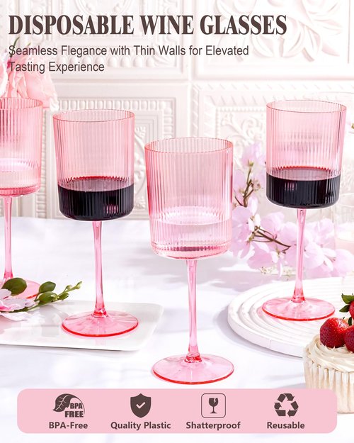 Ciaell 12 PCS Pink Plastic Ribbed Wine Glasses - 10 OZ Plastic Square Wine Glasses with Stem - Disposable Champagne Cups for Parties & Weddings & Easter