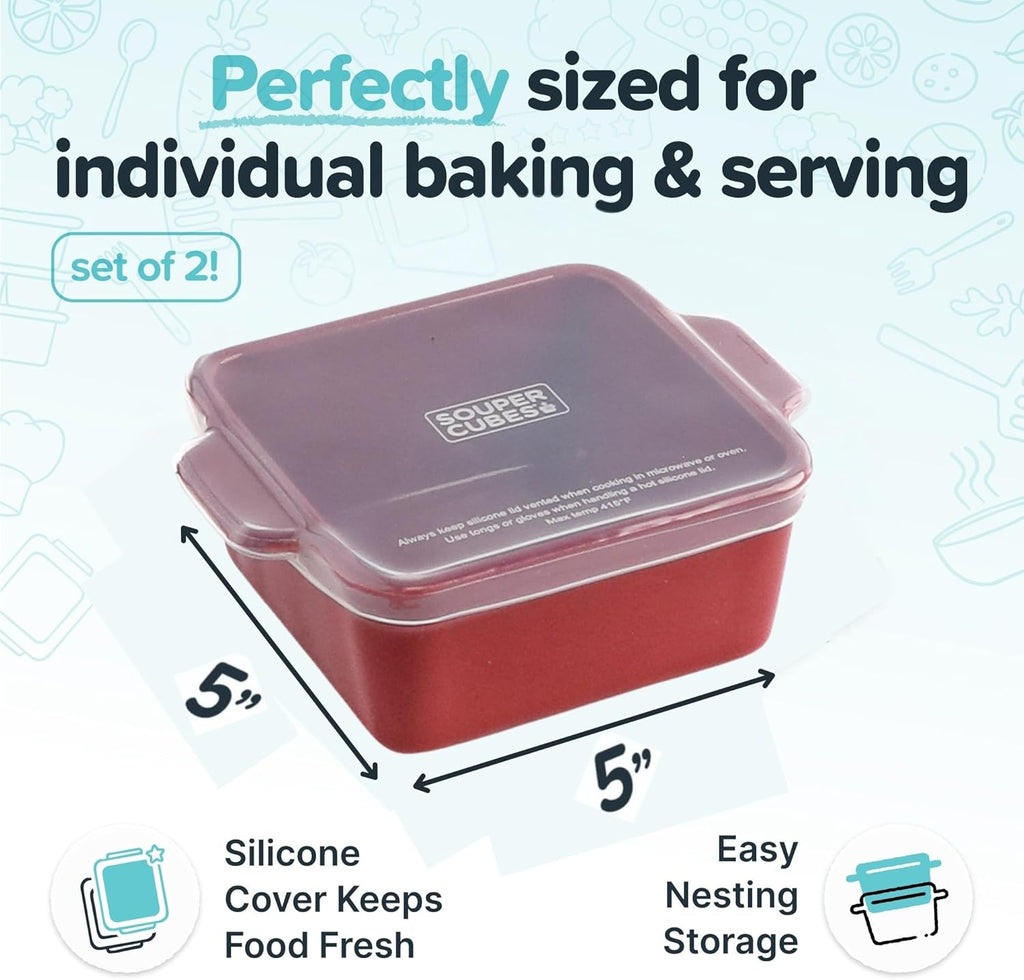 Souper Cubes Stoneware Baking Dishes - Premium Mini Ceramic with Silicone Covers, Set of 2 | 5" x 5", Cranberry