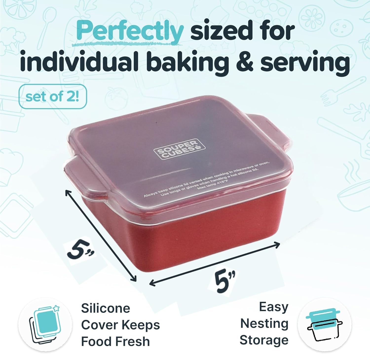 Souper Cubes Stoneware Baking Dishes - Premium Mini Ceramic with Silicone Covers, Set of 2 | 5" x 5", Cranberry