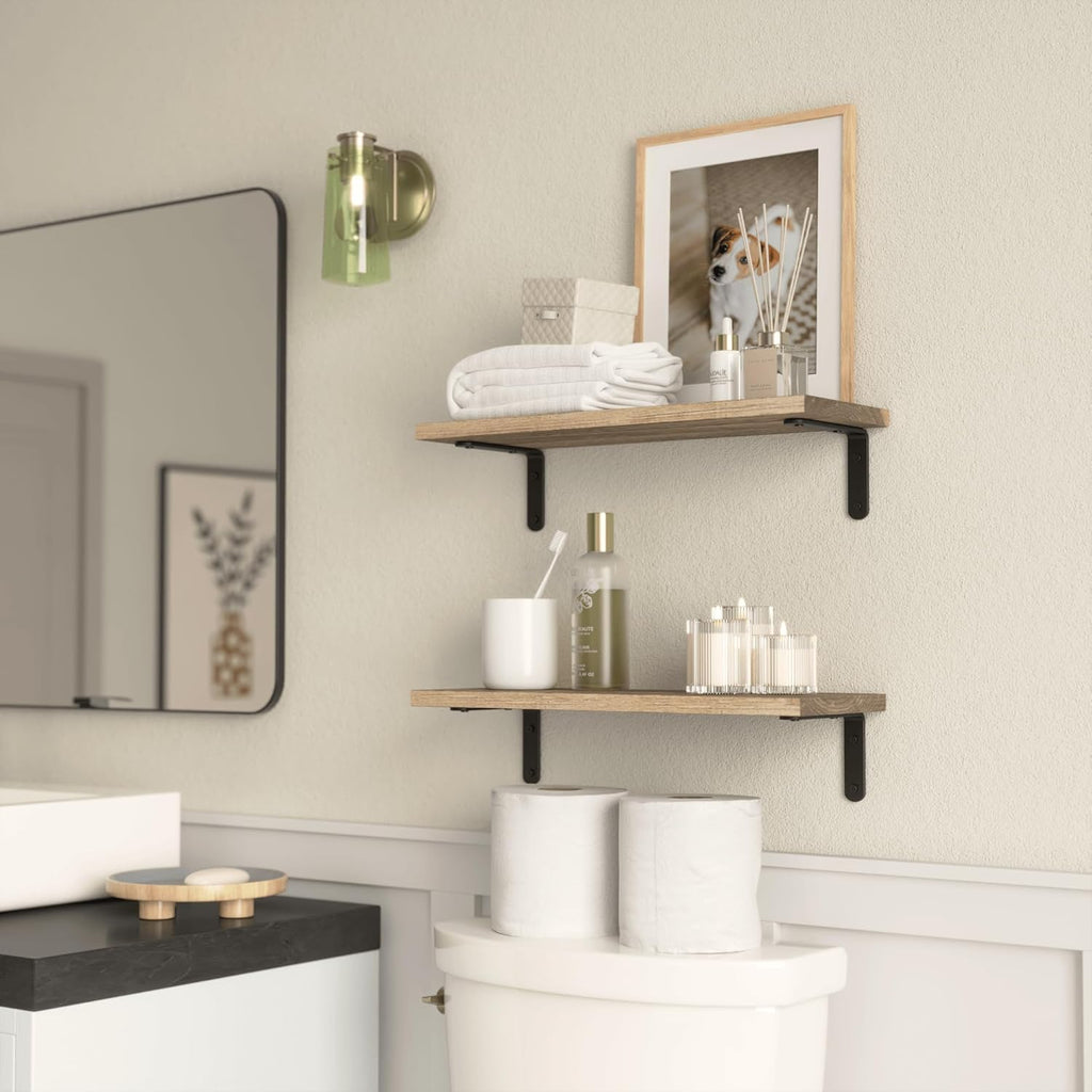 RICHER HOUSE Rustic Wood Floating Shelves - Set of 2 Farmhouse Style Wall Décor | Carbonized Black