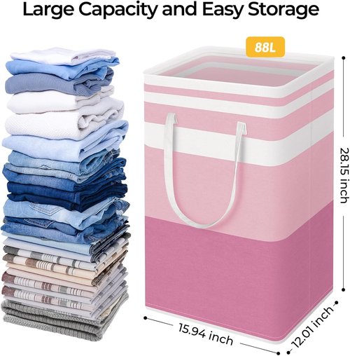 HomeHacks Large Waterproof Laundry Baskets - Collapsible Hampers with Reinforced Handles | 88L, Blue & Pink