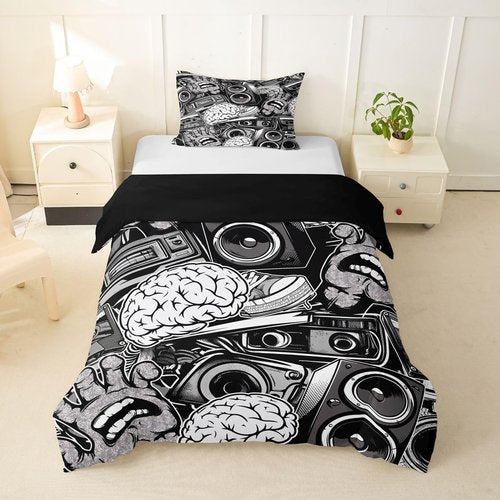 Feelyou Graffiti Bedding Set for Teens Boys Queen Rock Music Theme Duvet Cover Set Hip Hop Comforter Cover Set Kids Teenage Street Art Quilt Cover Hippie Room Decor Bedding with 2 Pillow Shams (3Pcs)