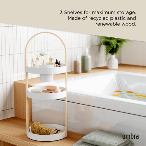 Umbra Bellwood Caddy, Organizer for Makeup and Cosmetics, Durable Rotating Container with Wooden Handle, Large, White/Natural