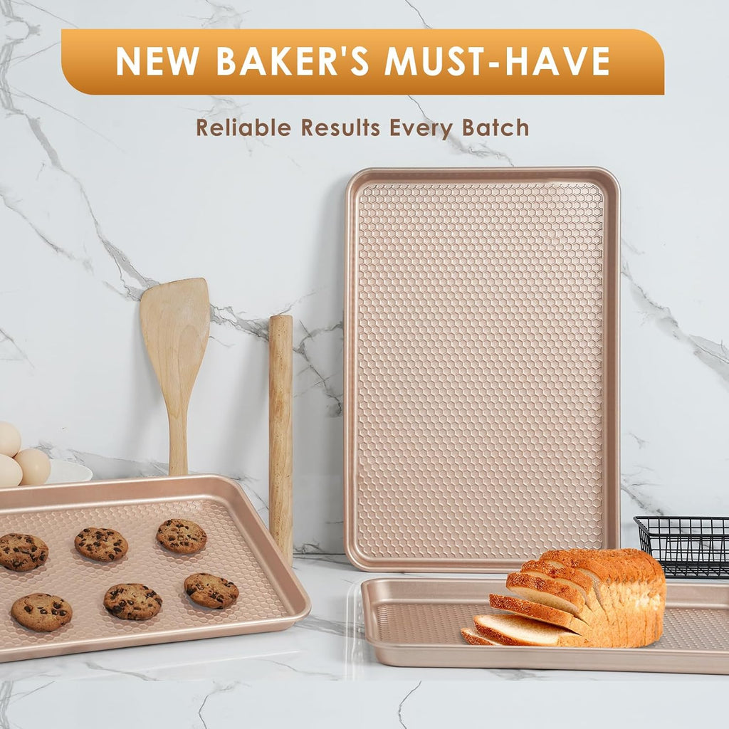 Skiennix Baking Sheet Pan Set - Nonstick Carbon Steel Cookie Sheets | Heavy Duty & Easy Clean, Rose Gold - 3-Piece Set