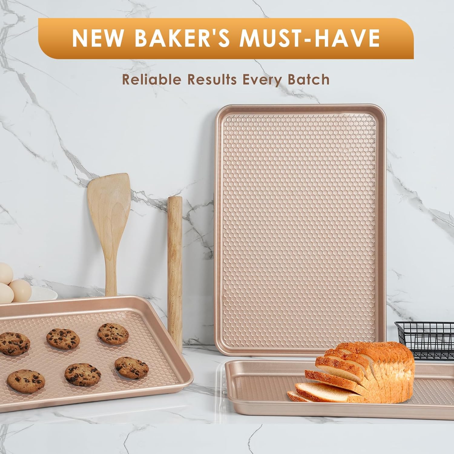 Skiennix Baking Sheet Pan Set - Nonstick Carbon Steel Cookie Sheets | Heavy Duty & Easy Clean, Rose Gold - 3-Piece Set
