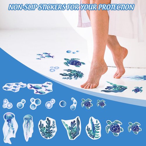 JarThenaAMCS 24 Pcs Turtle Non Slip Bathtub Sticker with Scraper Gradient Blue Anti Slip Shower Tread Adhesive Ocean Animal Shower Decal for Bathroom Floor Decoration