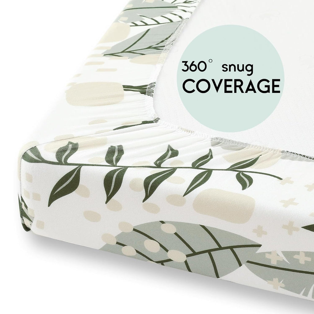 Yoofoss Fitted Pack and Play Sheets - Soft, Breathable Mini Crib Sheets 2-Pack (Green + Banana Leaves)