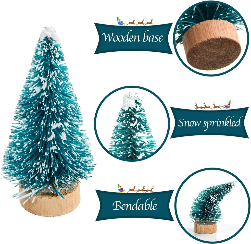 Skiennix Mini Bottle Brush Christmas Trees - 24 Pack with Wood Base | Artificial Winter Decor (Blue-Green)