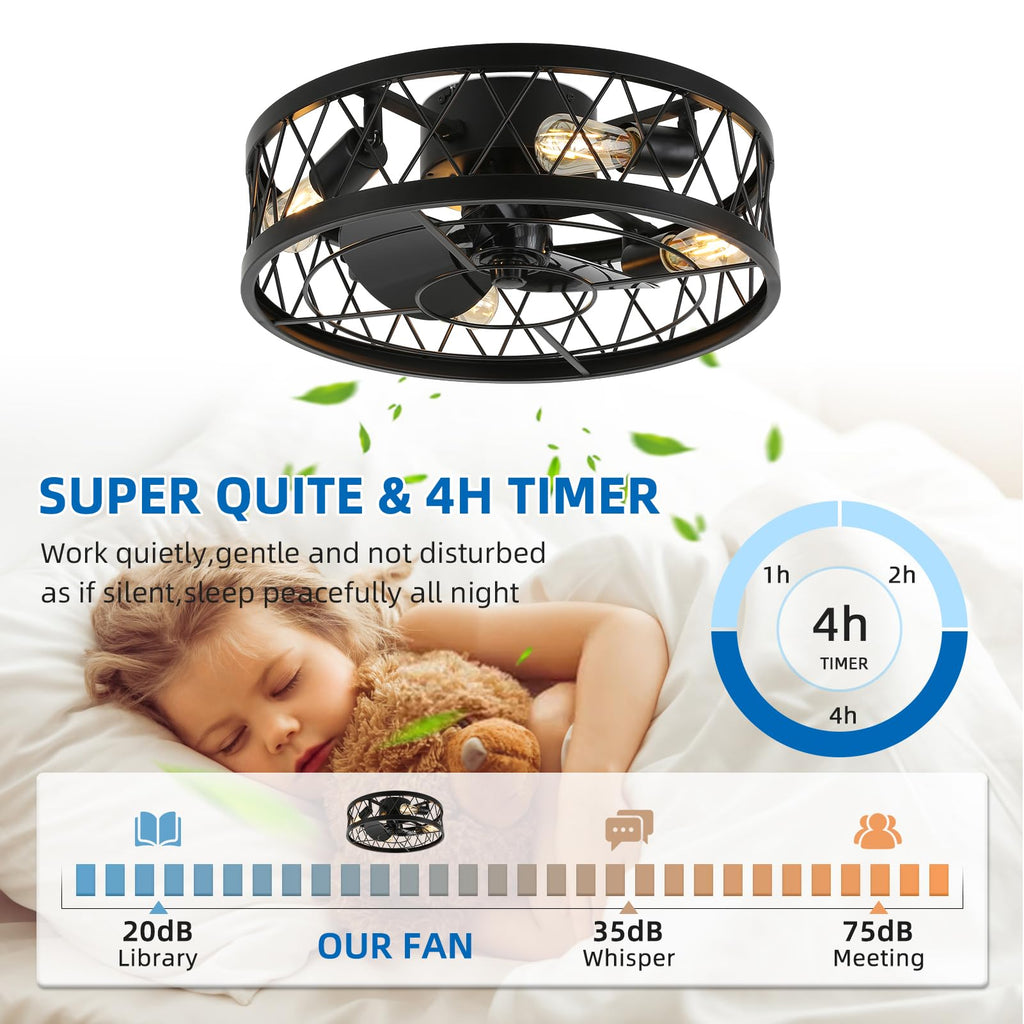 YYEHON 17.7" Caged Ceiling Fan with Light and Remote Control, Flush Mount Bladeless Chandelier Fan, Low Profile Fandelier for Bedroom, Dining Room, Living Room, Kitchen