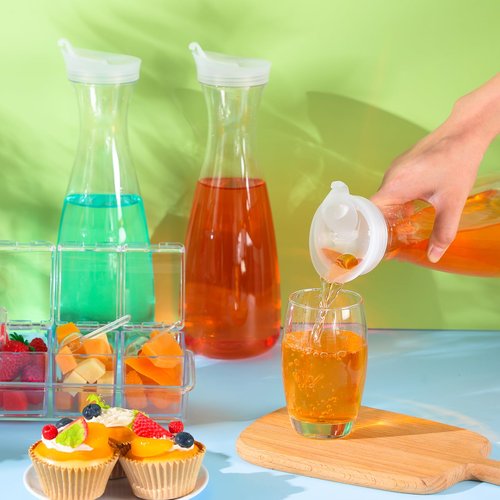 Honeydak 5 Pcs Mimosa Bar Supplies Include 4 Pcs 47oz Plastic Carafe with Lids Clear Round Juice Pitcher Containers 1 Seasoning Box with Lid and Spoon for Winter Spring Summer Party Serving (Clear)