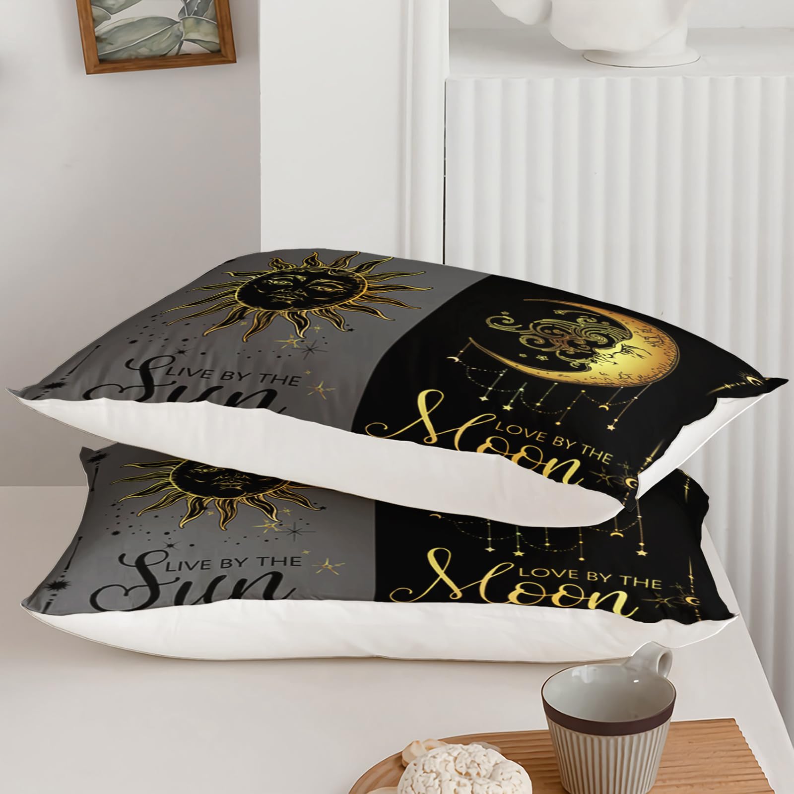 Ntlfup Moon and Sun Bedding Set Queen Size， Boho Style 3pcs Bedding Set, Grey and Black Comforter Home Decoration