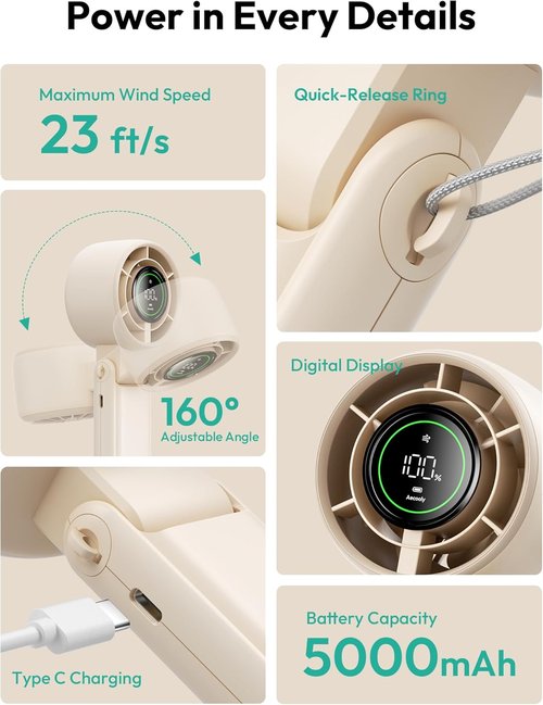 Aecooly Portable 3-in-1 Turbo Handheld Fan - USB Rechargeable Mini Fan with 22H Max Cooling Time | Beige