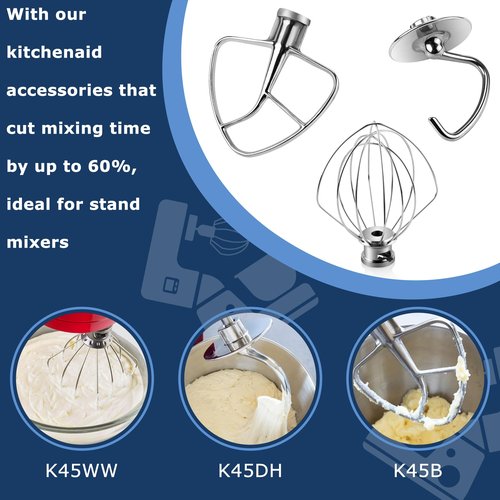Stainless Steel Attachments for Kitchen Aid 4.5-5 QT Tilt-Head Stand Mixers,3-Piece Mixers Accessories with K45WW Wire Whip, K45DH Dough Hook, K45B Flat Blade Paddle by TOMOON