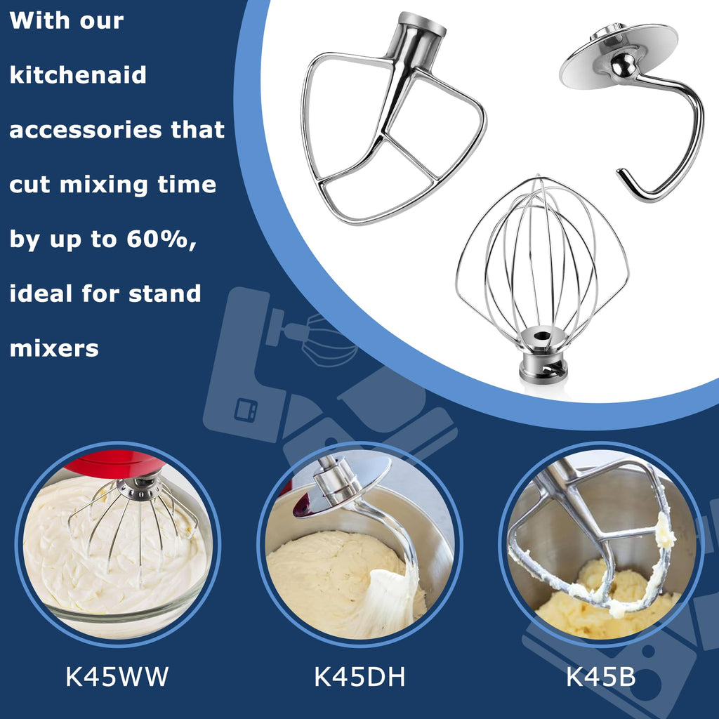 Stainless Steel Mixer Attachments for Kitchen Aid 4.5-5 QT Tilt-Head,3-Piece Heavy Duty Metal Accessories,K45WW Wire Whisk,K45DH Dough Hook,K45B Flat Beater Paddle (NO Coating to Peel) by TOMOON