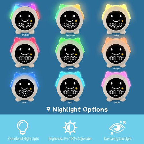 JAHUYU Kids Alarm Clock with Sleep Training, LED Night Light, Bluetooth Music, Multi-Color Display, Sound Machine, OK to Wake Light for Toddlers and Children