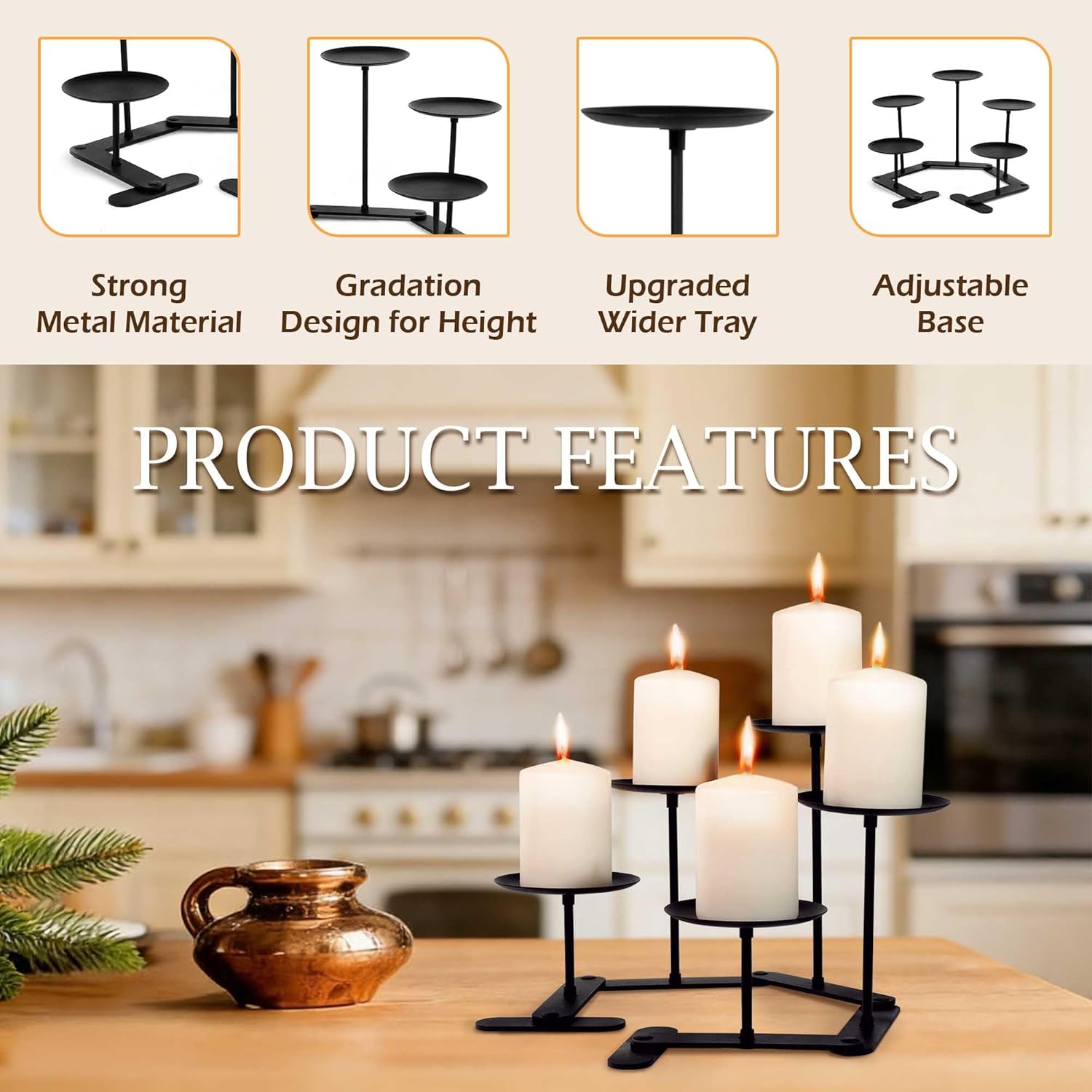 Skiennix Adjustable Candelabra Candle Holder - 5-Candle Iron Design for Pillar Candles | Elegant Black Finish