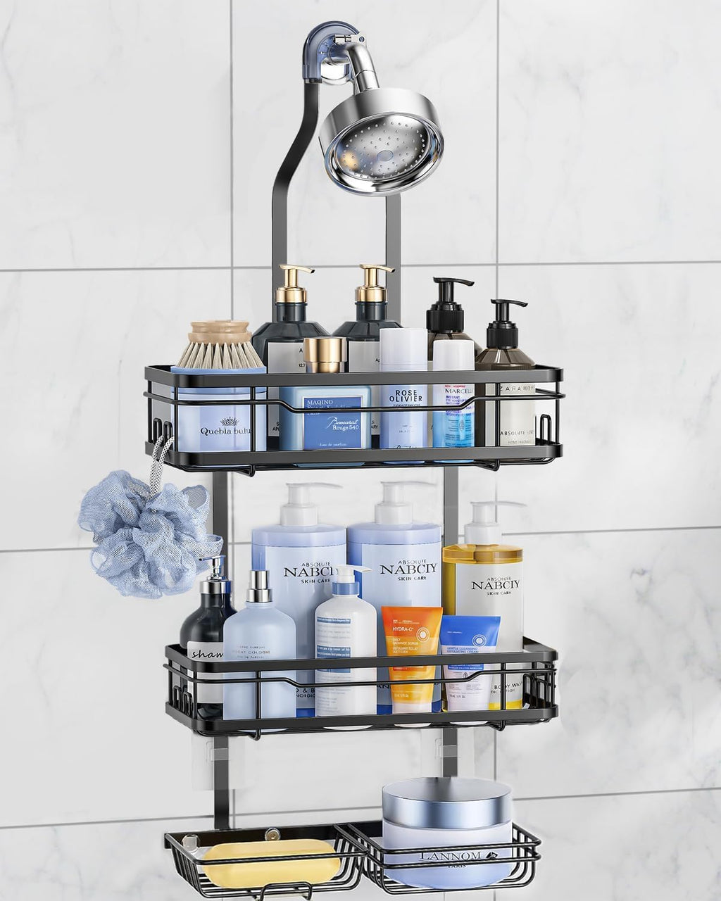 OMAIRA Shower Caddy - Rustproof Overhead Organizer with Soap Holder | Non-Slip Stainless Steel, Black