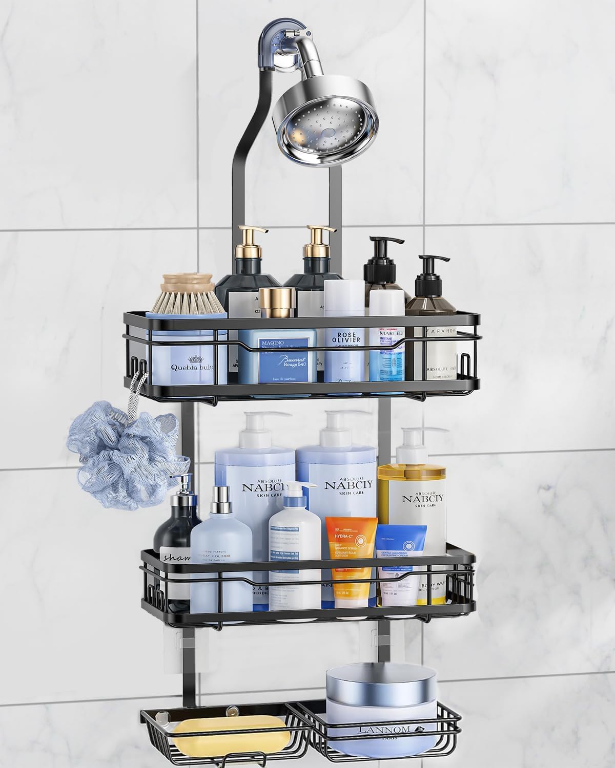 OMAIRA Shower Caddy - Rustproof Overhead Organizer with Soap Holder | Non-Slip Stainless Steel, Black