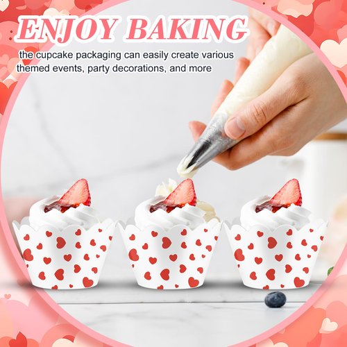 Domensi 100 Pcs Red Heart Cupcake Wrappers Rustic Cupcake Liners Red Baking Cups Baking Liners for Mother's Day Wedding Bridal Baby Shower Birthday Party Supplies Dessert Decoration