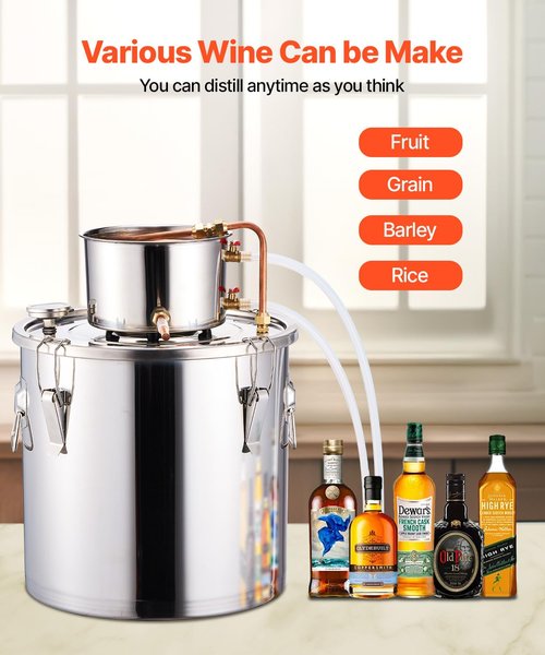 VEVOR Alcohol Still, 8 Gal / 30 L Stainless Steel Water Alcohol Distiller with Copper Coil, Home Brewing Refining Fermentation Kit with Thermometer, for Wine Whisky Brandy, Silver