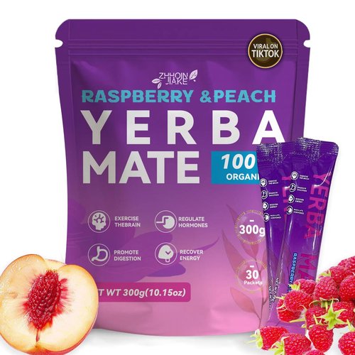 Yerba Mate Instant Tea Powder - Raspberry Peach Flavor - Gut Health & Clean Energy Super Drink with Nootropics, Prebiotics & Probiotics - Energy Boost & Focus - 30 Sticks (300g)