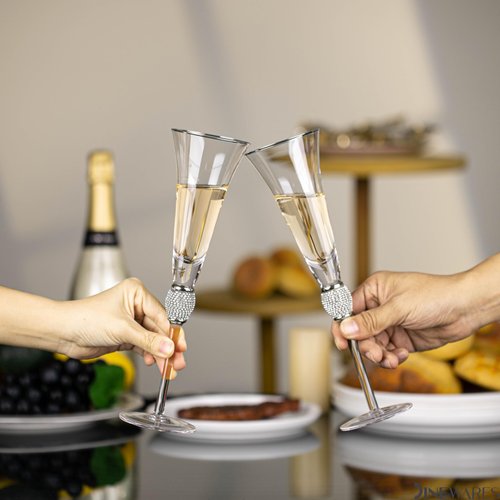4 Piece Elegant Crystal Set Wedding Champagne Glasses with Diamond Rhinestone Accents and a Polished Gold Rim - 11 in Tall with Slender Long Stems, 7 oz - Chic Toasting Set for the Bride and Groom