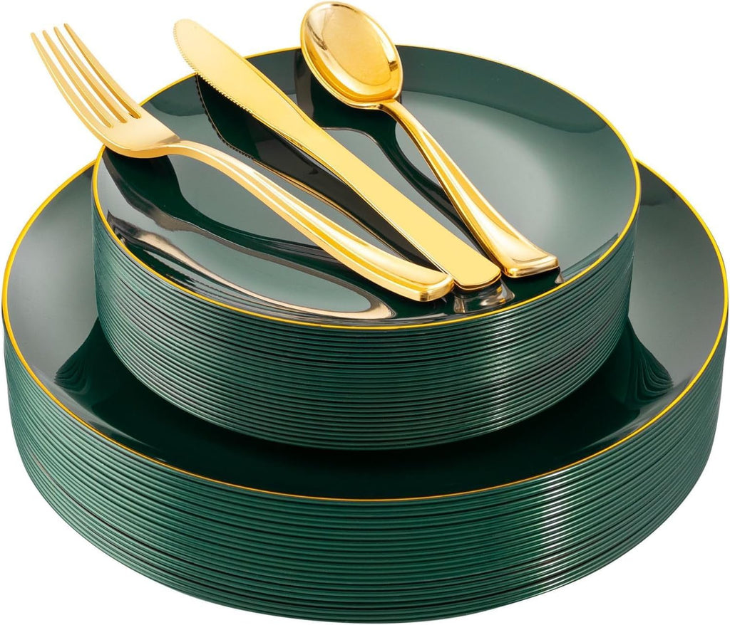 YOUBET 125PCS Green Plastic Plates - Green Disposable Plates With Gold Rim Include 25 Dinner Plate, 25 Dessert Plate, 75 Gold Plastic Silverware for Party Wedding