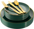 YOUBET 125PCS Green Plastic Plates - Green Disposable Plates With Gold Rim Include 25 Dinner Plate, 25 Dessert Plate, 75 Gold Plastic Silverware for Party Wedding