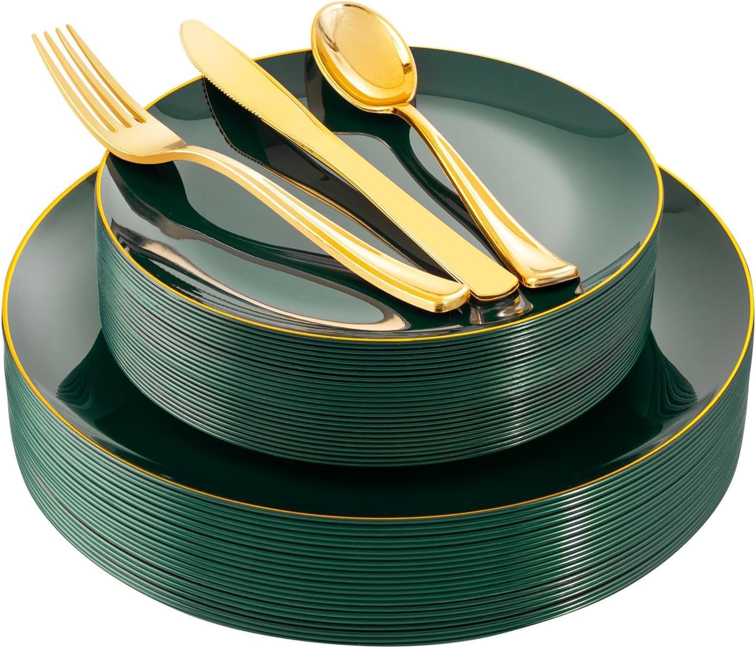 YOUBET 125PCS Green Plastic Plates - Green Disposable Plates With Gold Rim Include 25 Dinner Plate, 25 Dessert Plate, 75 Gold Plastic Silverware for Party Wedding