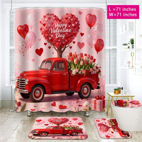 DDS-DUDES Lover Shower Curtain Set for Bathroom, Wedding,Happy Valentine's Day Red Car Heart Bath Curtain, Waterproof Fabric Shower Curtains with Hooks 71x71 inches